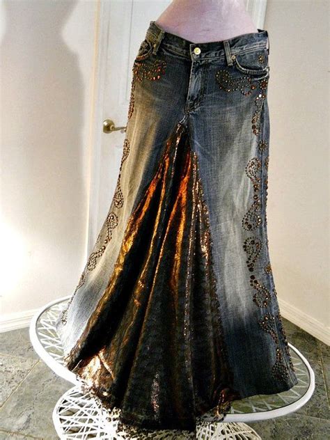 Copper Lace Jean Skirt Bronze Metallic Lace Rhinestones Seven Etsy