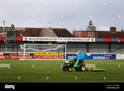 Sutton United Goalkeeper Wayne Shaw attends to the artificial pitch ...