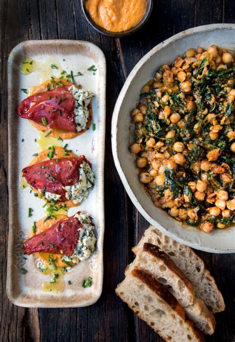 Chickpeas And Spinach Stuffed Piquillo Peppers Wild Greens And Sardines