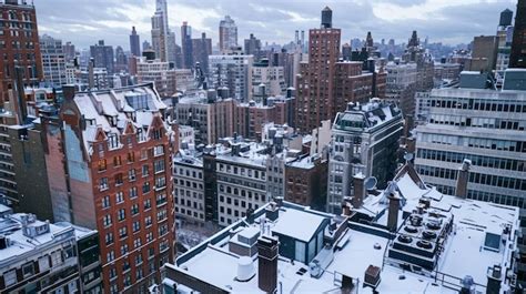 A rooftop view of the city in winter the snowcovered rooftops creating ...