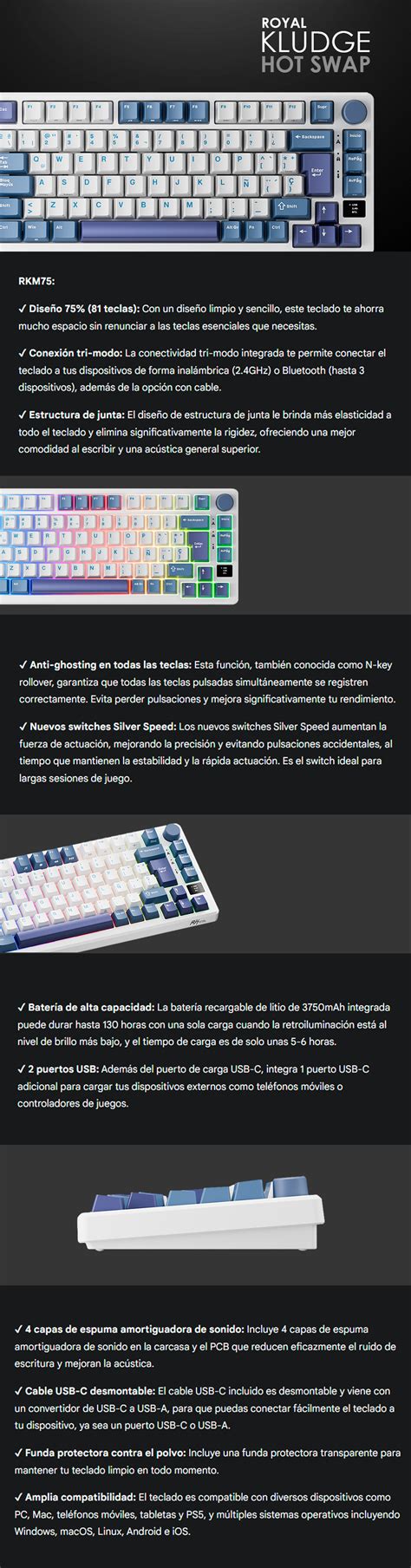 Teclado Mec Nico Royal Kludge Rkm Tri Mode Silver Switch Hot Swap Para Juegos