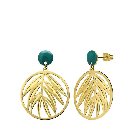 Stalen Goldplated Oorringen Rond Met Blad Groen Voor Dames Lucardi Nl