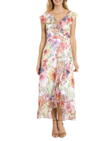 London Times Floral Ruffle Faux Wrap Maxi Dress In Pink Lyst