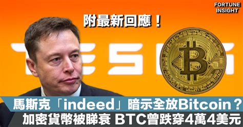 【幣市泡沫？】馬斯克「indeed」暗示全放bitcoin？加密貨幣被睇衰 Btc曾跌穿4萬4美元（附最新回應） Fortune Insight