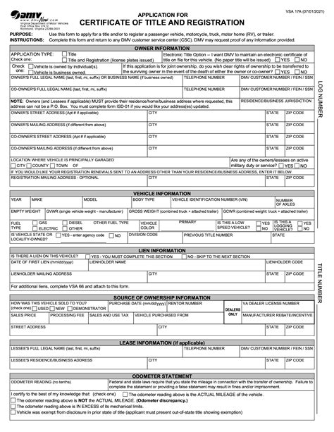 Form Vsa 17a Application For Certificate Of Title And Registration