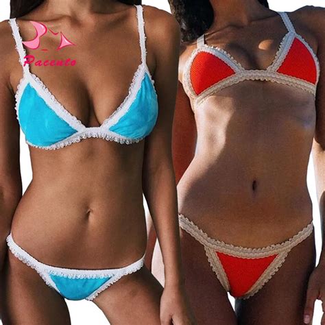 Pacento Bikini Set Lace Frilly Swimwear Women Bikini Black White Solid