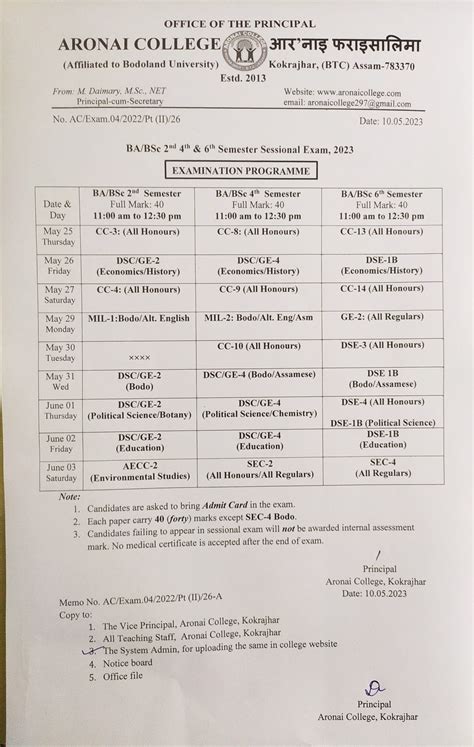 Sessional Examination Programme 2023 Even Semester Aronai College