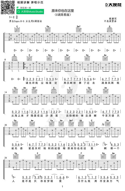 原来你也在这里吉他谱 刘若英 C调吉他弹唱谱 琴谱网