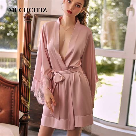 Mechcitiz Sexy Lace Robe Female Intimate Lingerie Sleepwear Casual Kimono Silk Satin Bathrobe