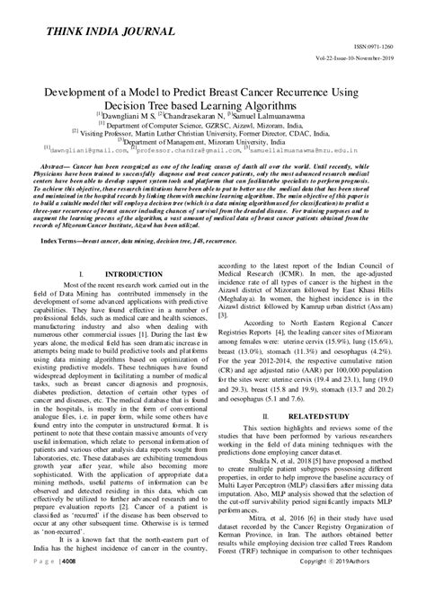 Pdf Development Of A Model To Predict Breast Cancer Recurrence Using Decision Tree Based