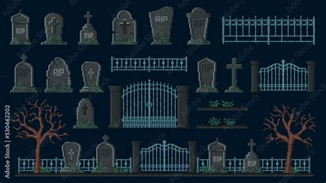 Cemetery 8 Bit Pixel Game Asset Gravestone Fence Graveyard And