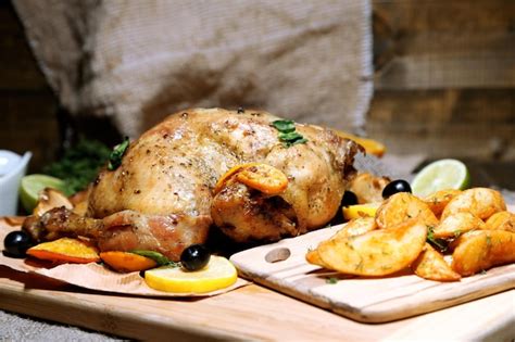 Pollo Asado Entero Con Verduras Y Patatas Fritas Sobre Tabla De Madera