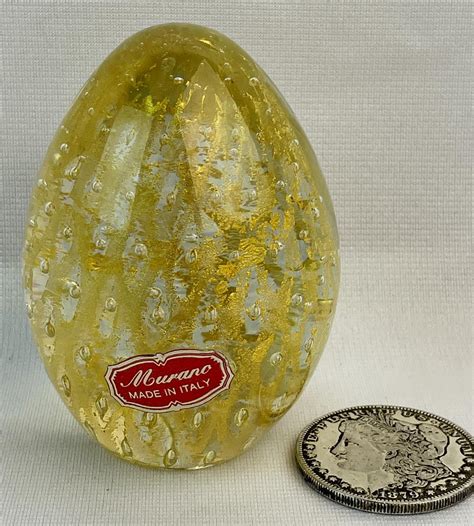 Lot Vintage Murano Italian Glass Gold Lattice Egg Shaped Paperweight W Label