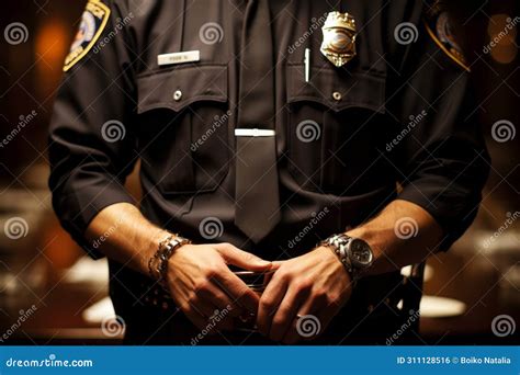 Law Enforcement Officer In Uniform With Badge And Handcuffs On Duty