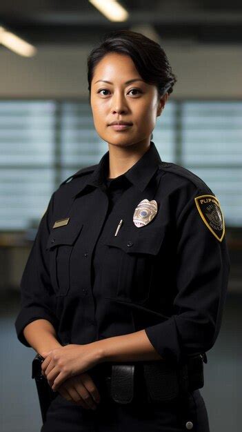 A female police officer stands in front of a building | Premium AI ...