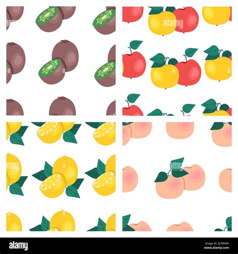 Set Of Fruit Seamless Patterns Kiwi Apples Peaches Lemons Fruit