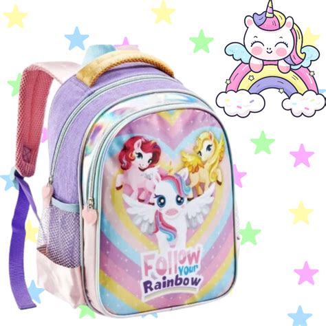 Mochila Infantil Menina Unicórnio Rainbow Glitter Escolar Reforçada