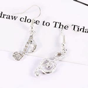 Music Musical Notes Treble Clef Silver Drop Earrings Rhinestone Dangle