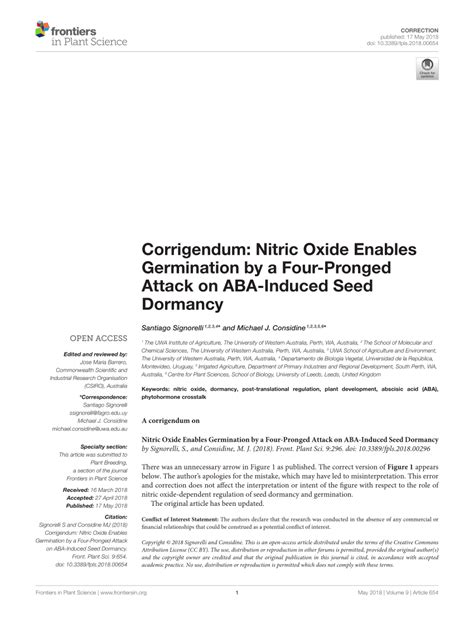 Pdf Corrigendum Nitric Oxide Enables Germination By A Four Pronged Attack On Aba Induced Seed