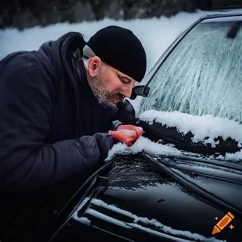 Man Removing Ice And Snow From Car Windshield With Ice Broom