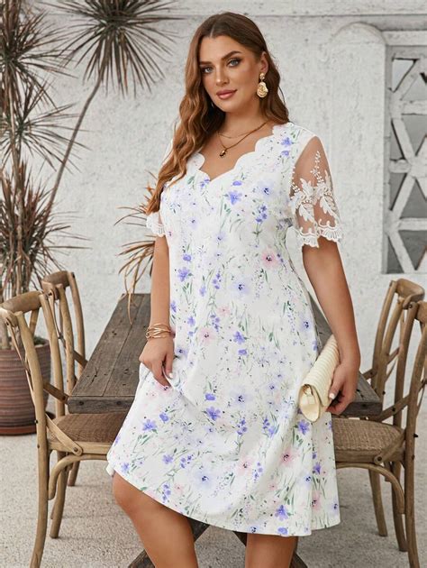 Shein Clasi Plus Size Summer Floral Embroidered Mesh Contrast A Line