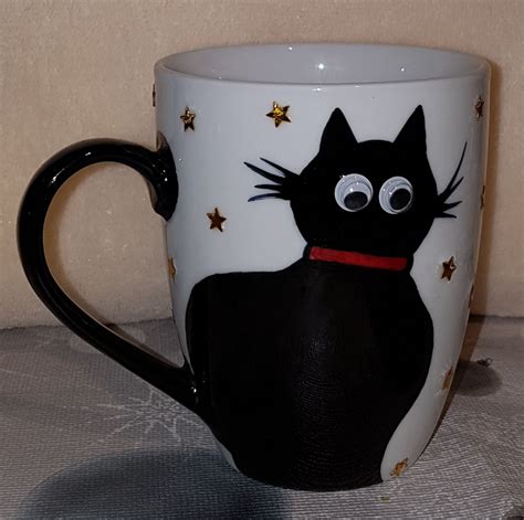 Hand Painted Cat On Ceramic Mug With Stickers Hand Painted Mugs