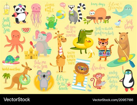 Beach animals hand drawn style summer set Vector Image