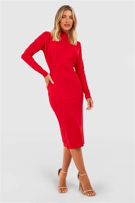 Pleat Detail High Neck Midi Dress Boohoo Uk