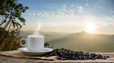 Morning Coffee Cup and Roasted Coffee Beans Views with Mountain Sun Stock Photo - Image of bean ...