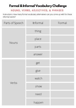 Formal Informal Vocabulary Challenge Nouns Verbs Adjectives And