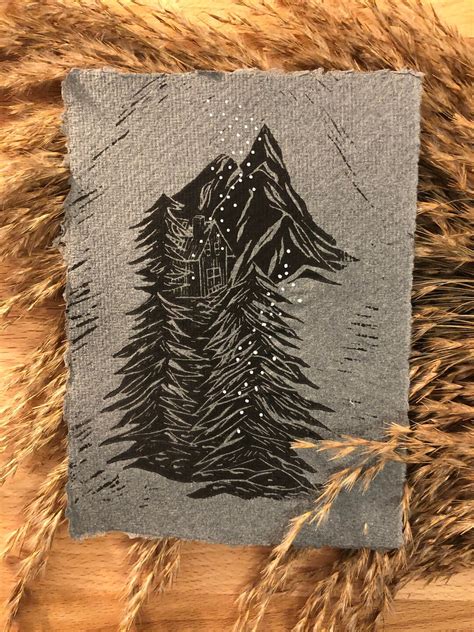 Original Lino Print Limited Edition Log Cabin Wall Art Forest Artwork