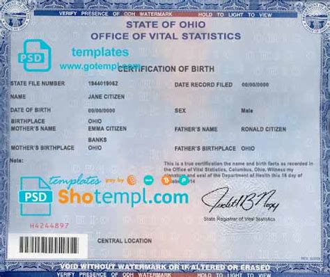 USA Ohio state birth certificate fake template in PSD format, fully ...