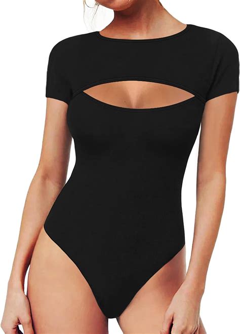 Mangopop Women S Sexy Cutout Front T Shirt Long Sleeve Short Sleeve Bodysuit Jumpsuits Amazon