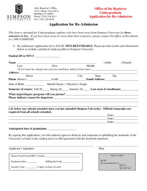 Fillable Online Readmission Application Form Emporia State University