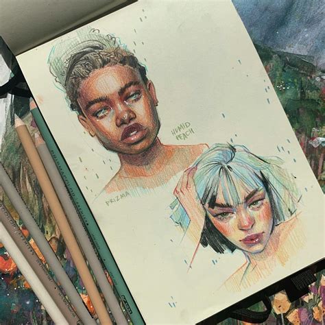 Two Colored Pencils Next To A Drawing Of A Man And Woman With Short Hair