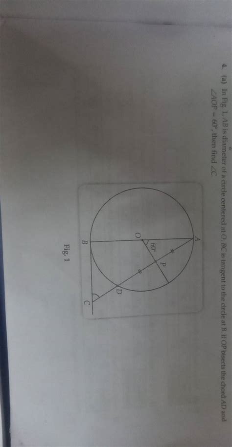 A In Fig Ab Is Diameter Of A Circle Centered At O Bc Is Tangent