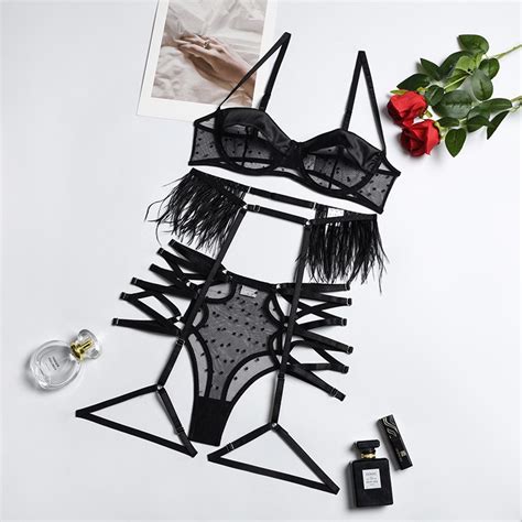 Jual MIRABELLE Feathers Erotic Lingerie Set Woman 3 Piece Polka Dot