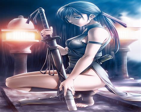 Ninja Girl Female Sexy Rezi Dark Katana Anime Girl Sword Light Black Hair Hd Wallpaper