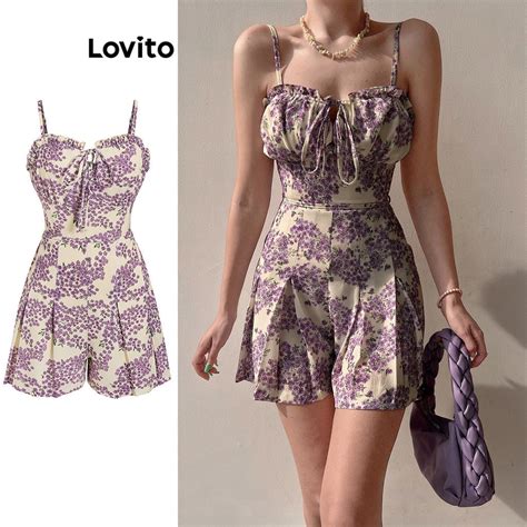 Lovito Women Boho Ditsy Floral Lettuce Trim Lace Up Jumpsuit L80ED350