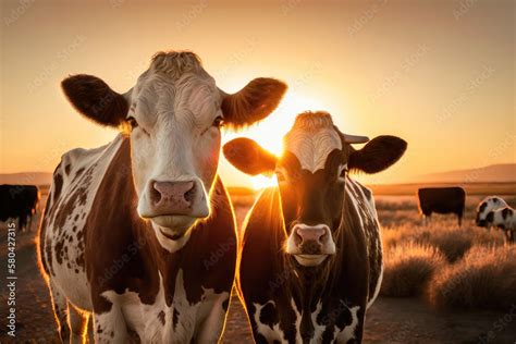 Cows herd on a grass field during the summer at sunset. A cow is ...