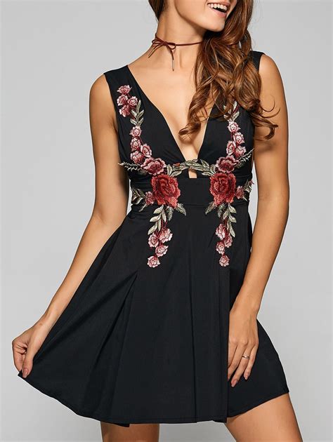 Off Backless Embroidered Low Cut A Line Party Dress Rosegal