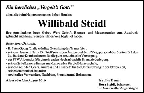 Traueranzeigen Von Willibald Steidl Mittelbayerische Trauer