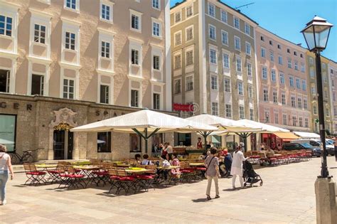 SALZBURG AUSTRIA June 03 2019 View Into Famous Shopping Street