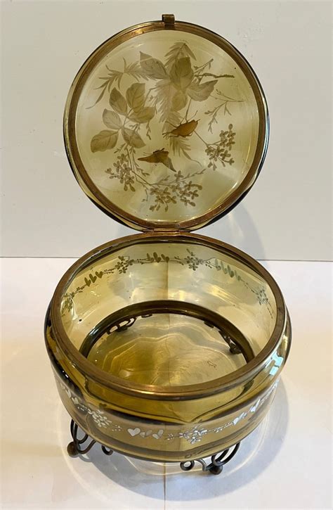 Proantic Grande Bonbonnière En Verre émaillé Décor De Fleurs Pap