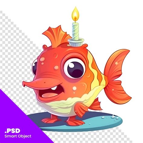 Pez De Dibujos Animados Con Una Vela En Un Fondo Blanco Plantilla Psd