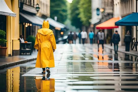 Premium Photo A Man In A Yellow Raincoat Walks Down A Street With A