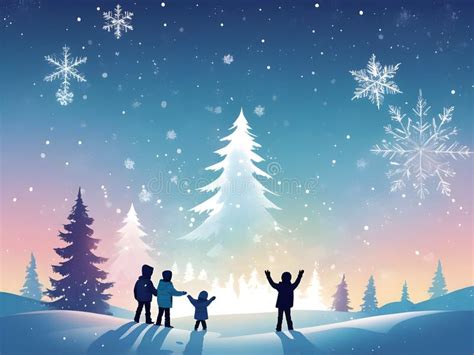 Abstract Pastel Christmas Winter Silhouette Scene with Kids Having Fun ...