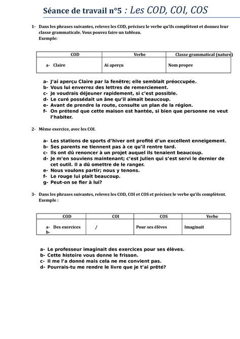 S Ance Grammaire Exercices E Cod Coi Cos S Ance De Travail N