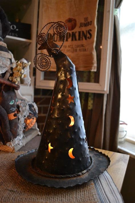 Vintage Primitive Light Up Metal Witch Hat Halloween Farmhouse Fall