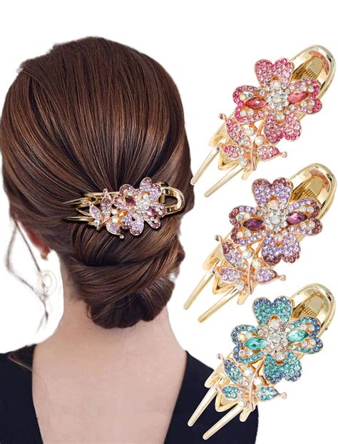 Rhinestones Flower Hair Clips 3pcs Crystal Butterfly Claw Clips